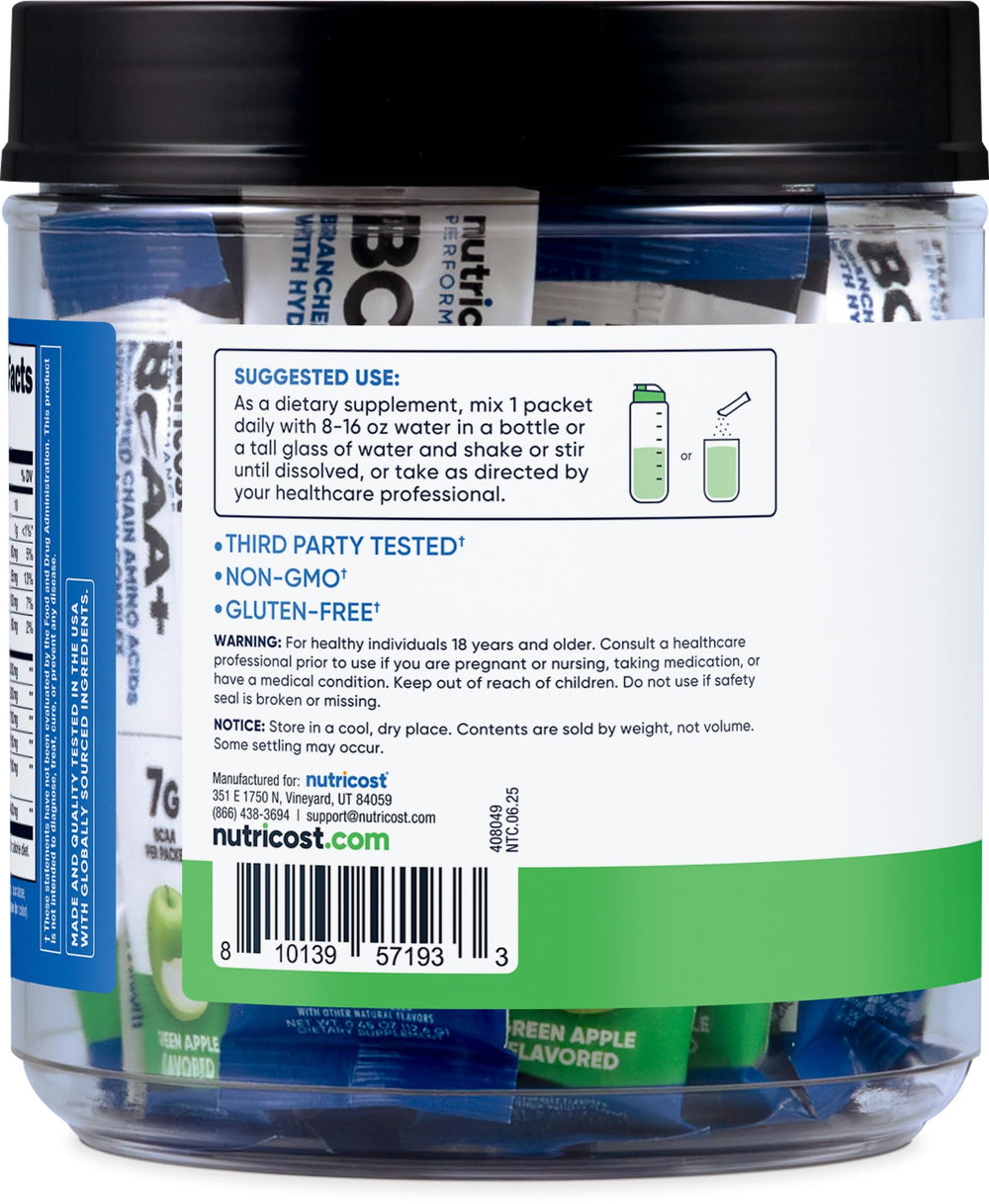 Nutricost BCAA+ Hydration Green Apple label highlights gluten-free formula