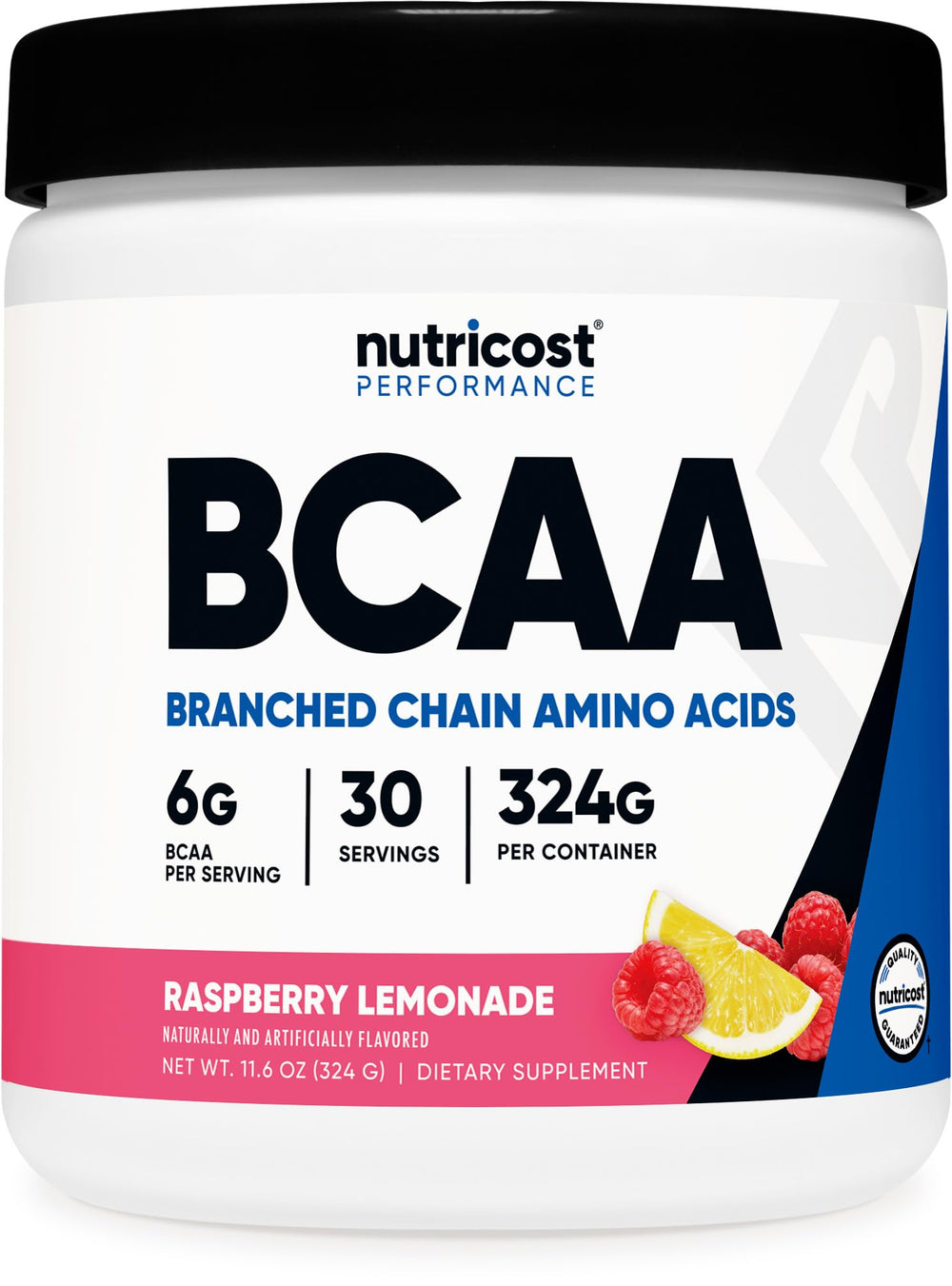 Nutricost BCAA Raspberry Lemonade label highlights high-quality amino acids for workout support.
