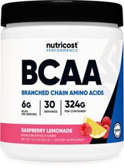 Nutricost BCAA Raspberry Lemonade label highlights high-quality amino acids for workout support.