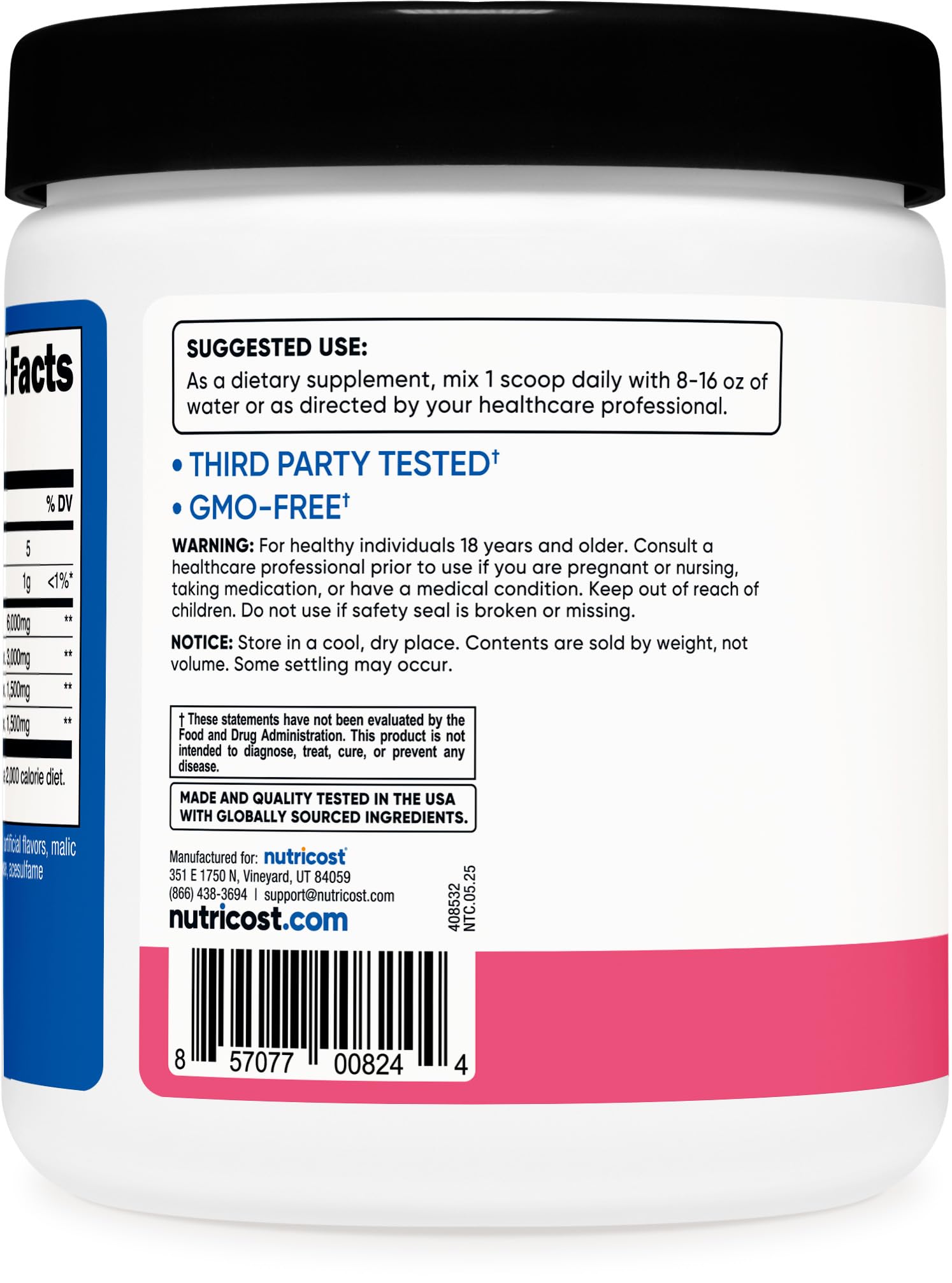 Nutricost BCAA Raspberry Lemonade pour demonstrates quick dissolving power for hydration.