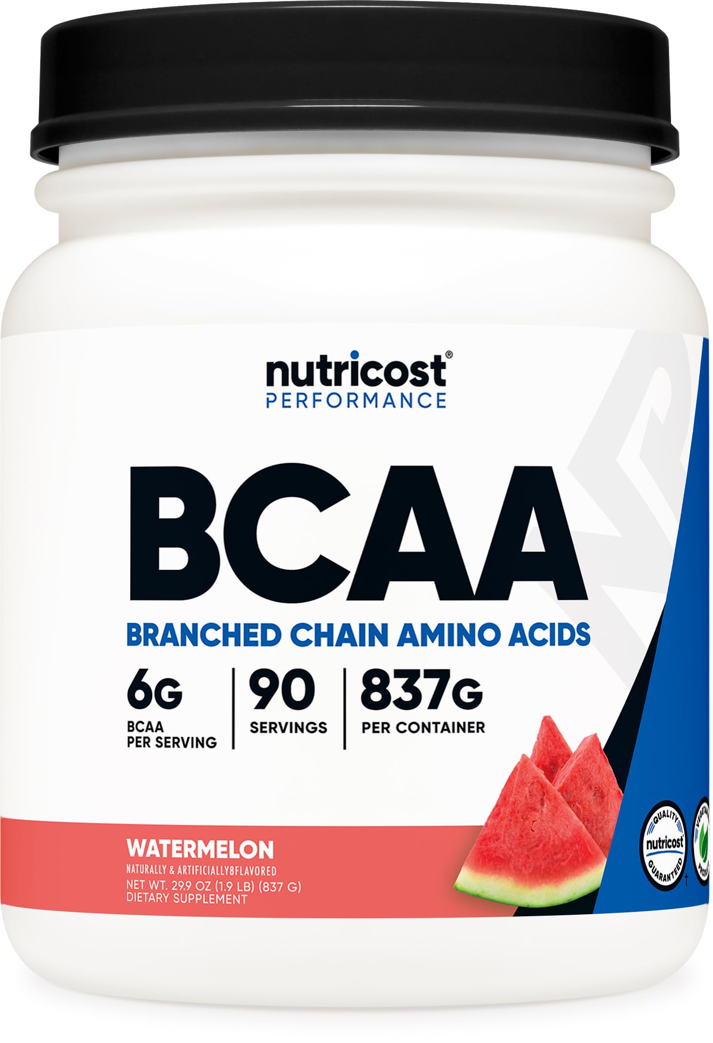 Nutricost BCAA Watermelon bottle label shows 90 servings for workouts.