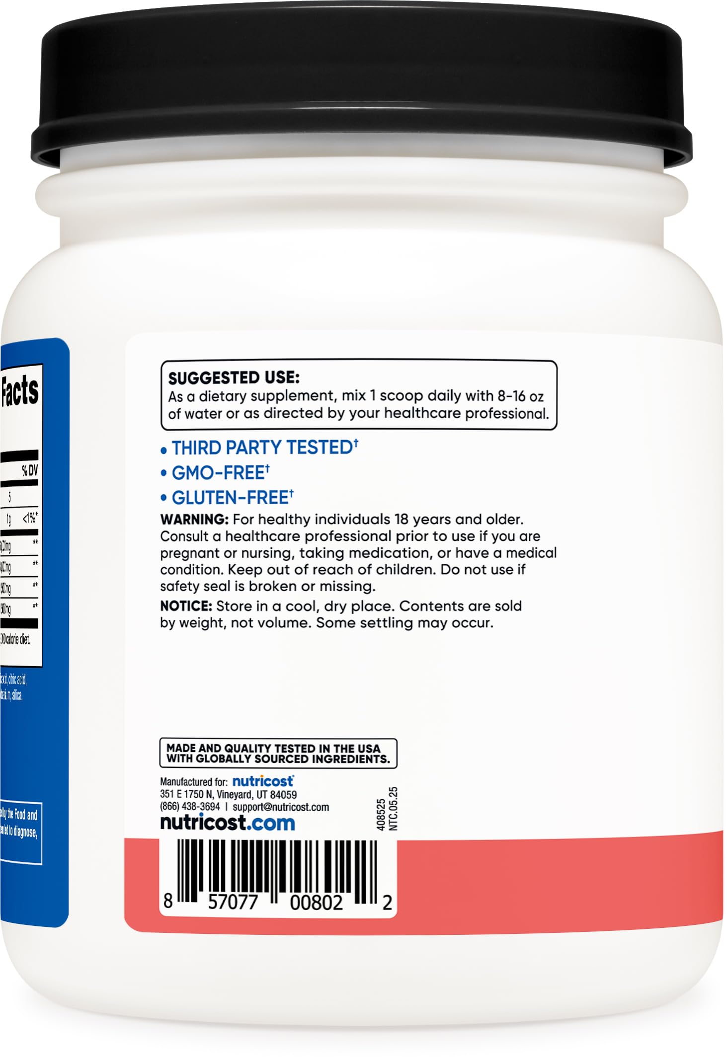 Nutricost BCAA Watermelon powder ingredient panel shows 2:1:1 amino ratio.