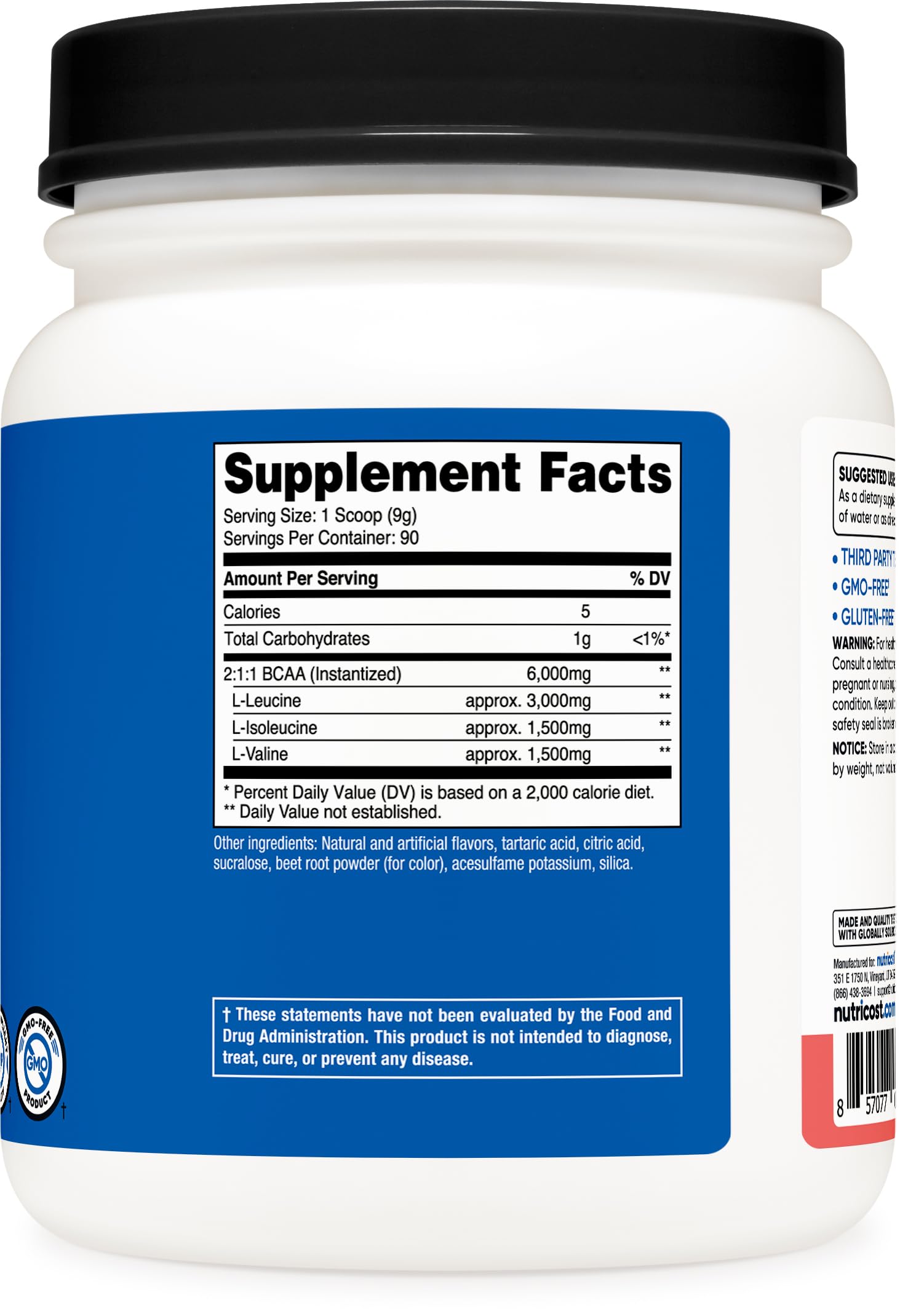 Nutricost BCAA Watermelon powder packaging front highlights non-GMO and gluten-free claims.