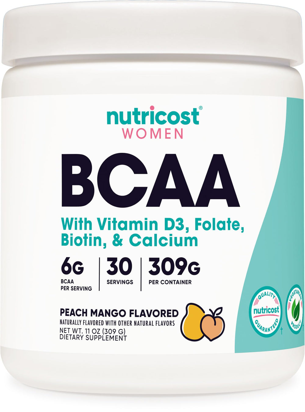 Nutricost BCAA for Women Peach Mango bottle highlighting a gender-specific formula for workouts