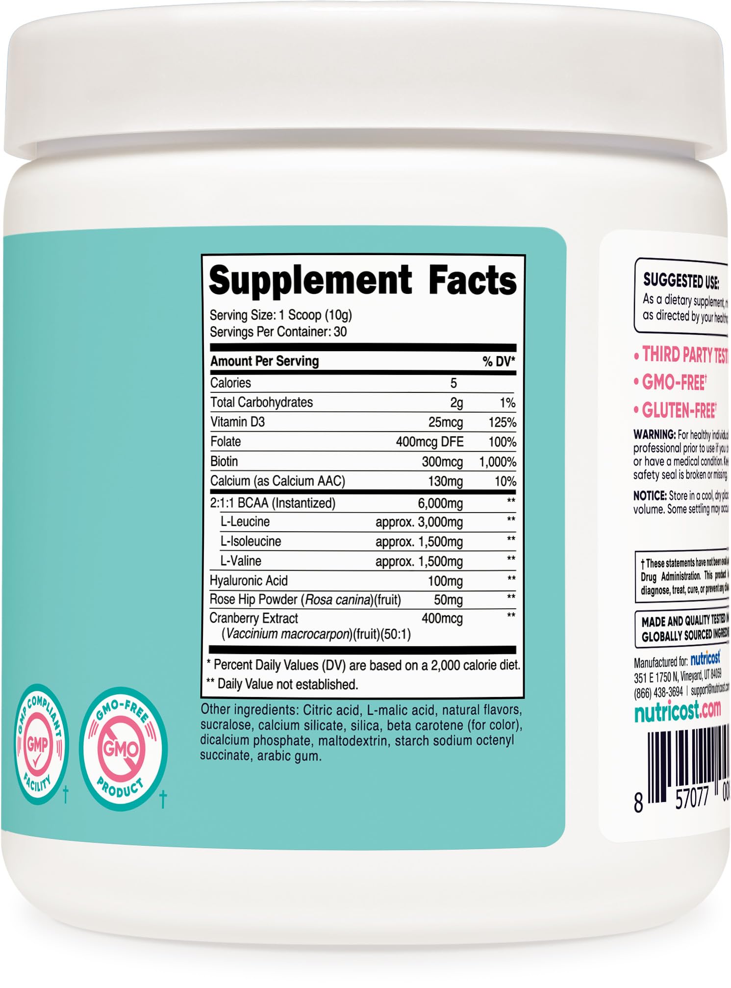 Nutricost BCAA Peach Mango powder being poured into a glass