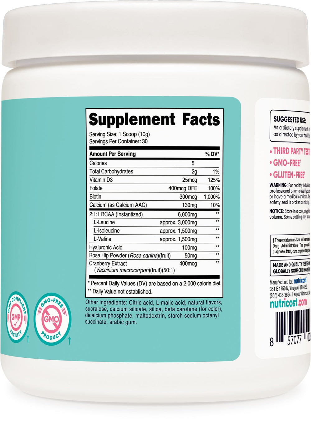 Nutricost BCAA Peach Mango powder being poured into a glass