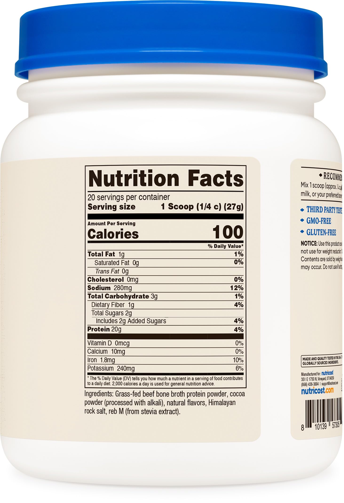 Nutricost Beef Bone Broth Protein Powder Chocolate container on a kitchen counter ready for daily use.
