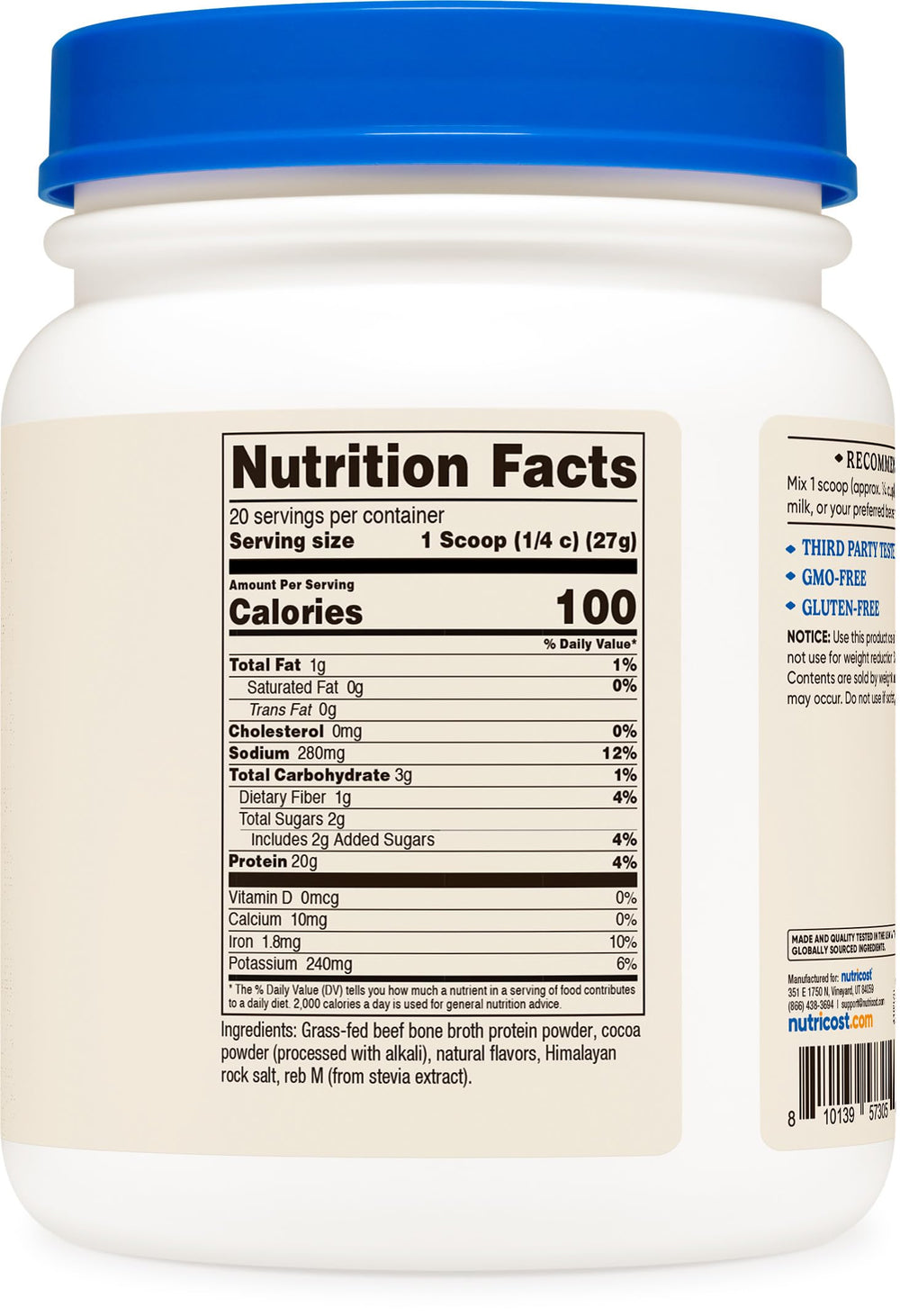 Nutricost Beef Bone Broth Protein Powder Chocolate container on a kitchen counter ready for daily use.