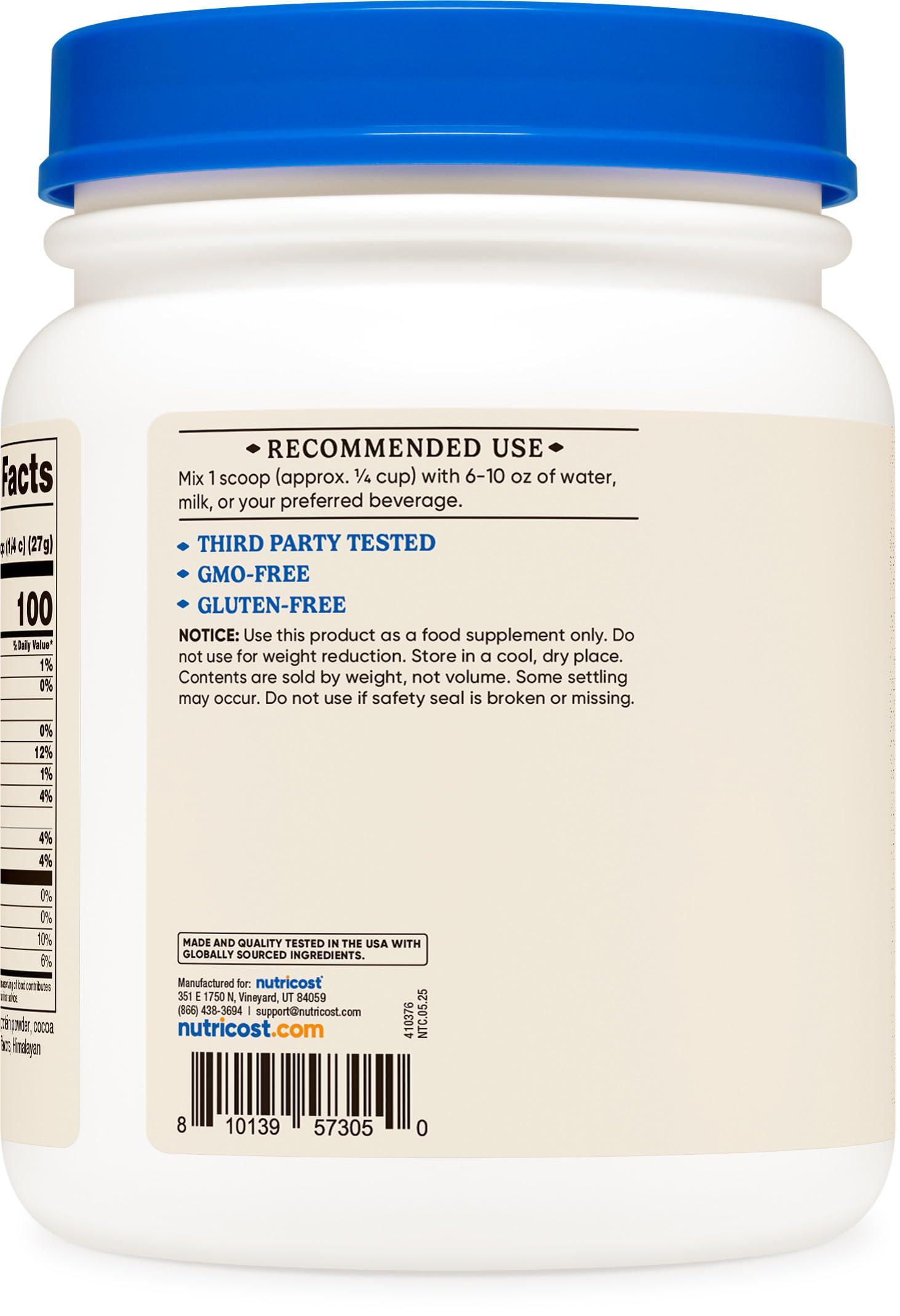 Nutricost GMP tested badge on Beef Bone Broth Protein Powder Chocolate packaging.