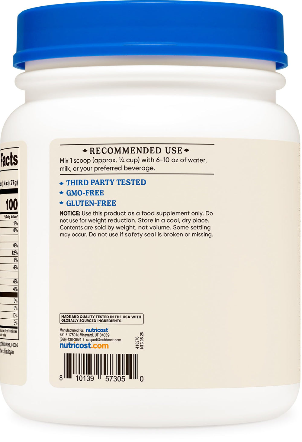 Nutricost GMP tested badge on Beef Bone Broth Protein Powder Chocolate packaging.