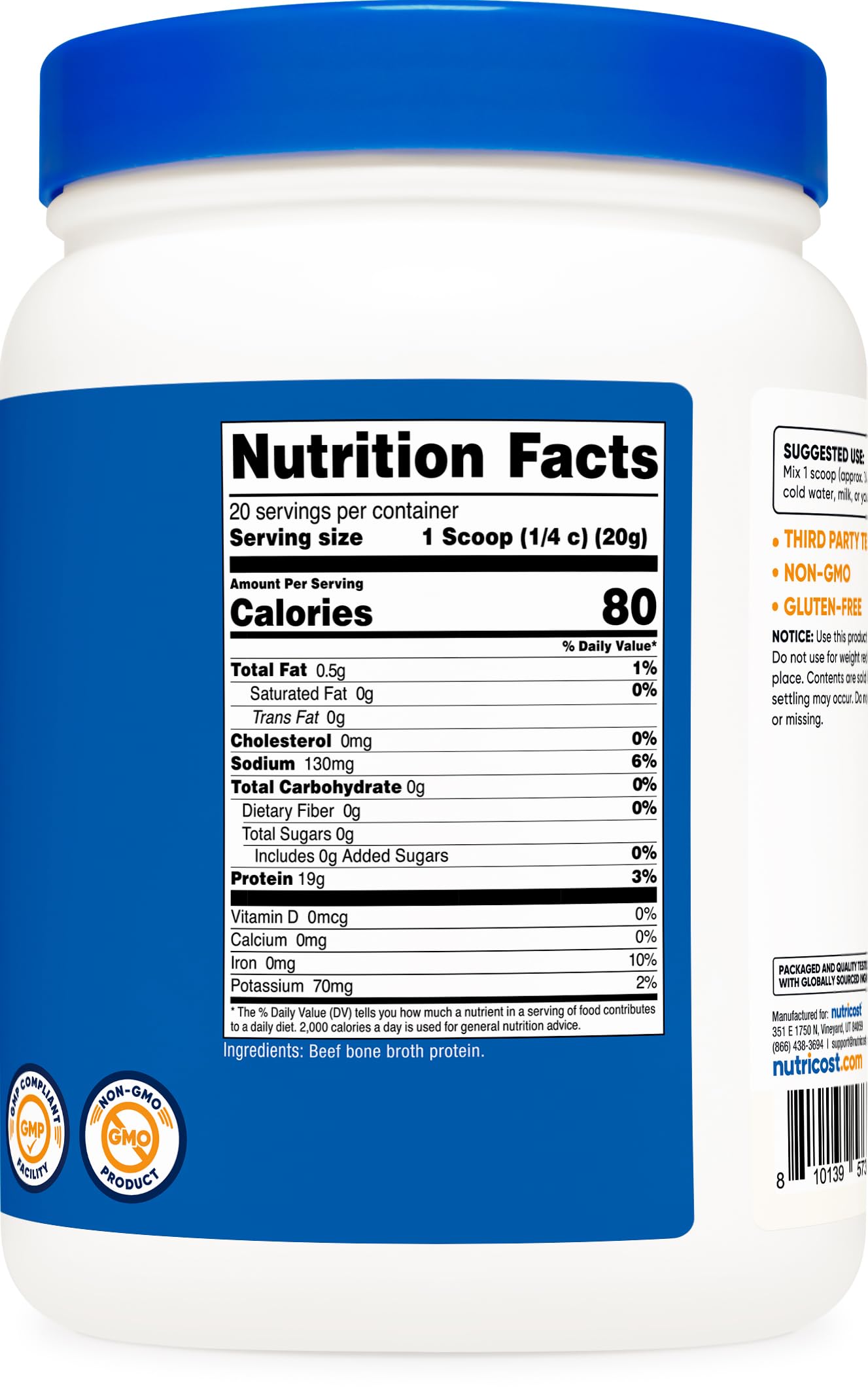 Nutricost Beef Bone Broth Protein Powder (stir-in-coffee) blends into drinks.