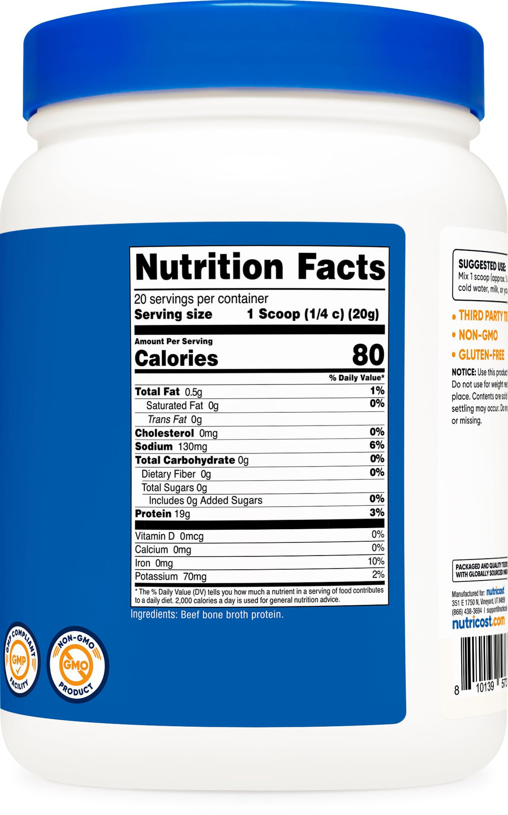 Nutricost Beef Bone Broth Protein Powder (stir-in-coffee) blends into drinks.