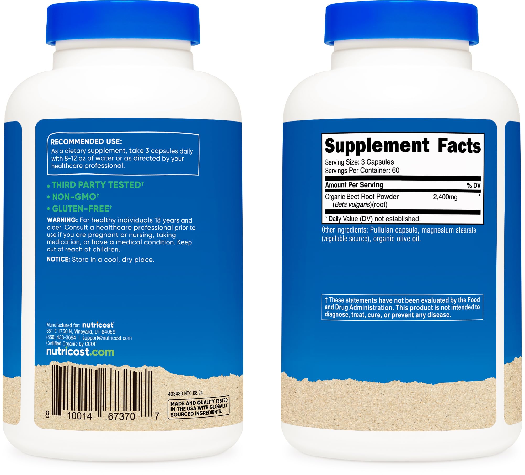 Nutricost Beet Root 2400mg bottle back with dosage guidance for simple routines.