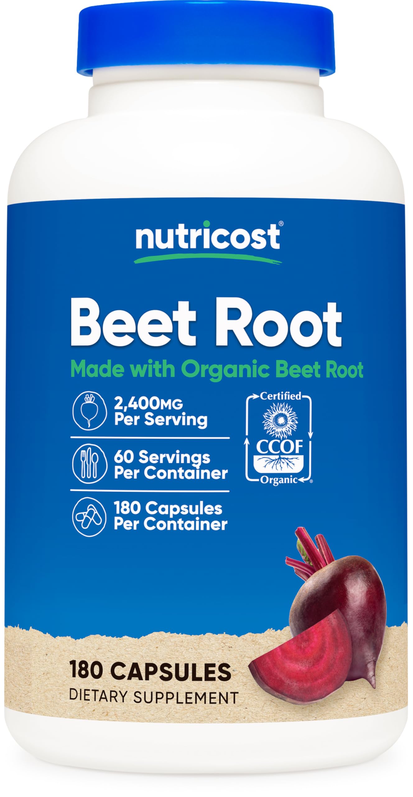 Nutricost Beet Root 2400mg bottle front with 60 servings for easy daily use.