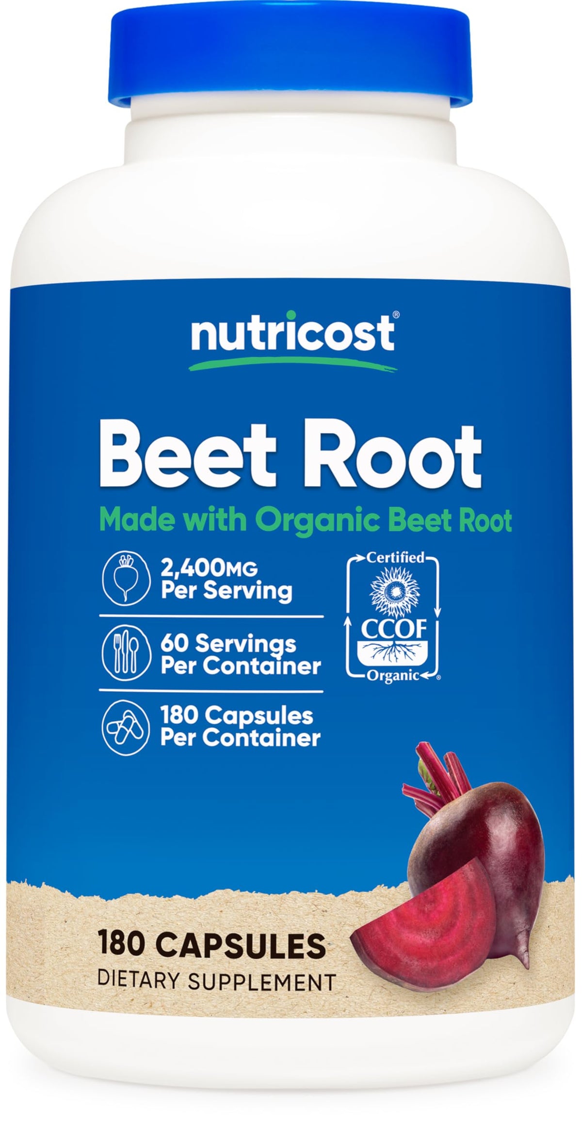 Nutricost Beet Root 2400mg bottle front with 60 servings for easy daily use.