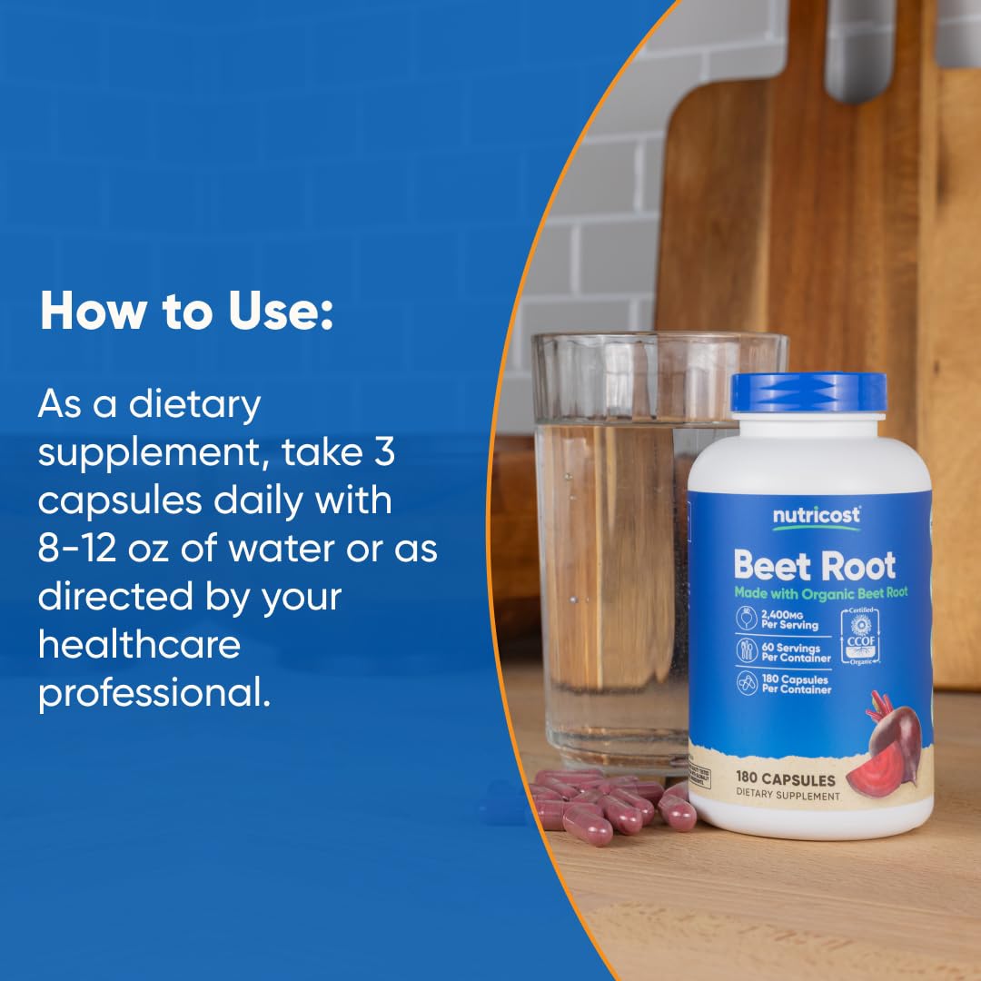 Nutricost Beet Root 2400mg capsules with a glass of water illustrating a simple daily habit.