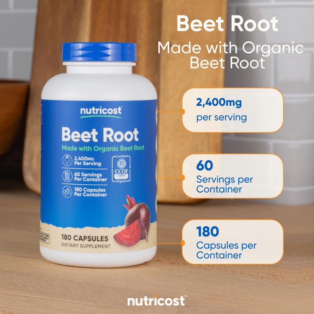 Nutricost Beet Root 2400mg packaging on countertop, suggesting a convenient 60-serving supply.
