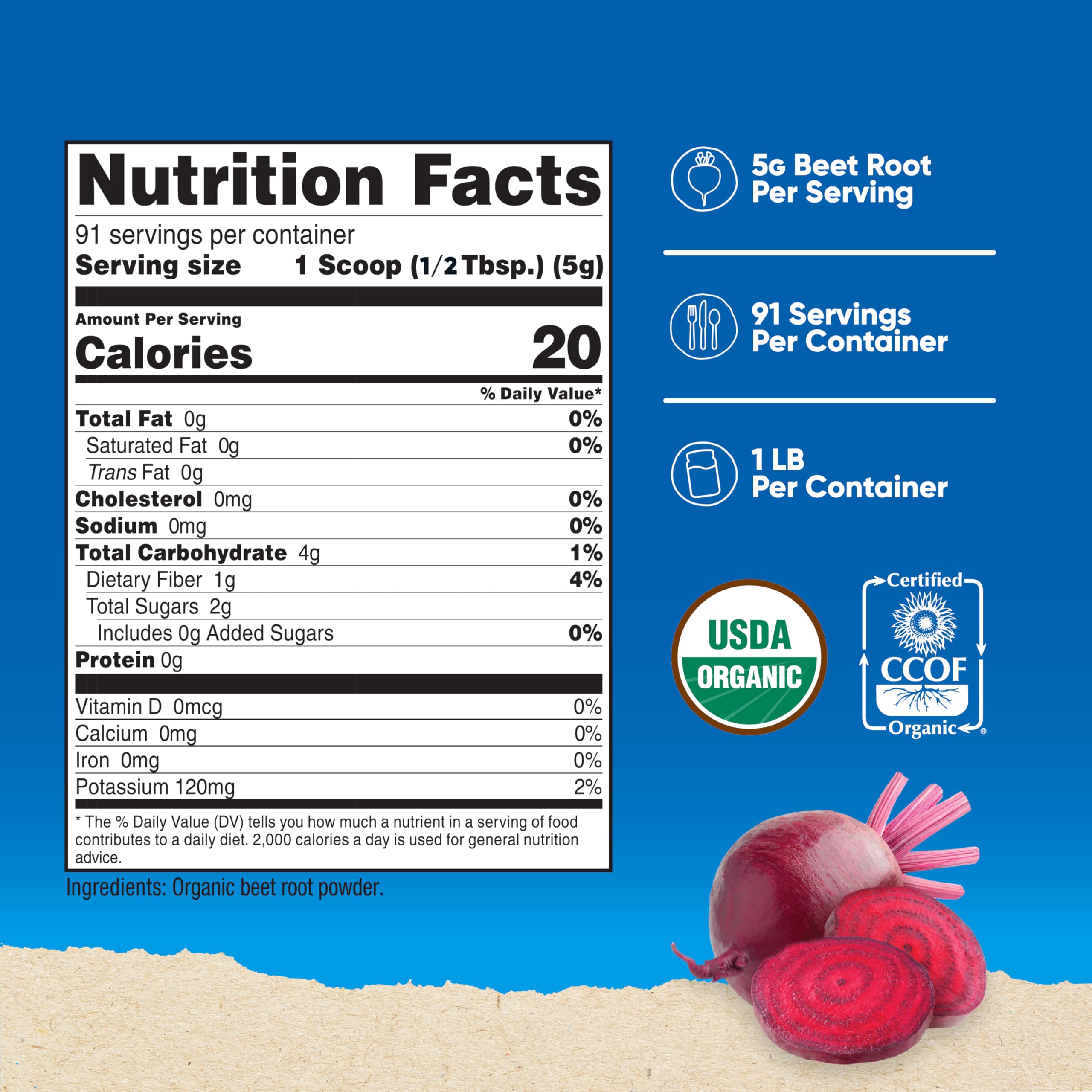 Close-up of Nutricost beet root powder jar highlighting purity and organic certification.