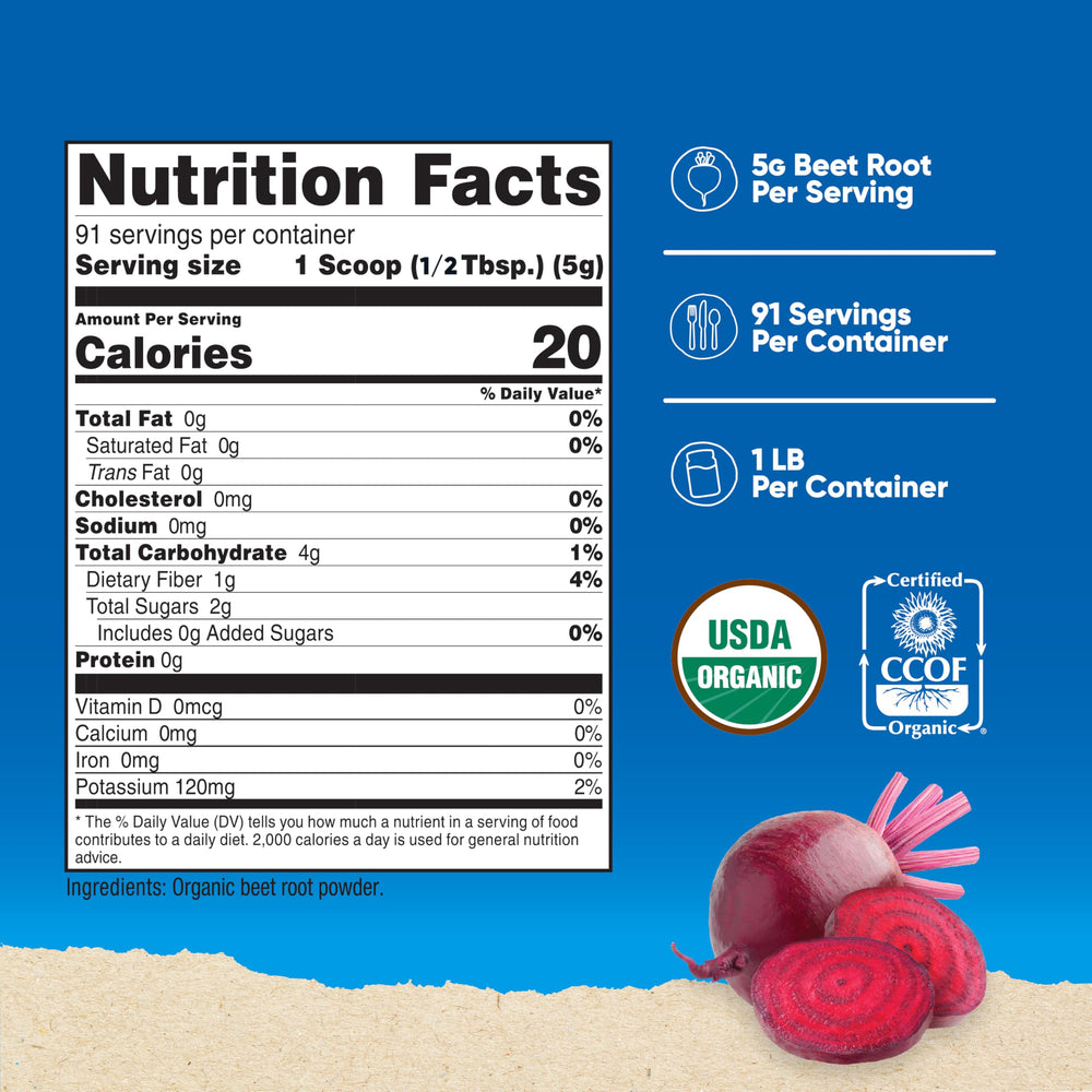 Close-up of Nutricost beet root powder jar highlighting purity and organic certification.