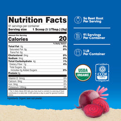 Close-up of Nutricost beet root powder jar highlighting purity and organic certification.