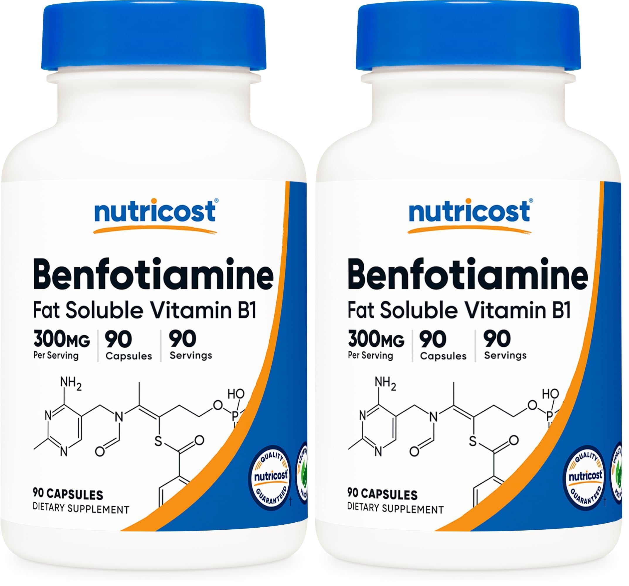 Nutricost Benfotiamine 300mg bottle front view highlights gluten-free and non-GMO status.
