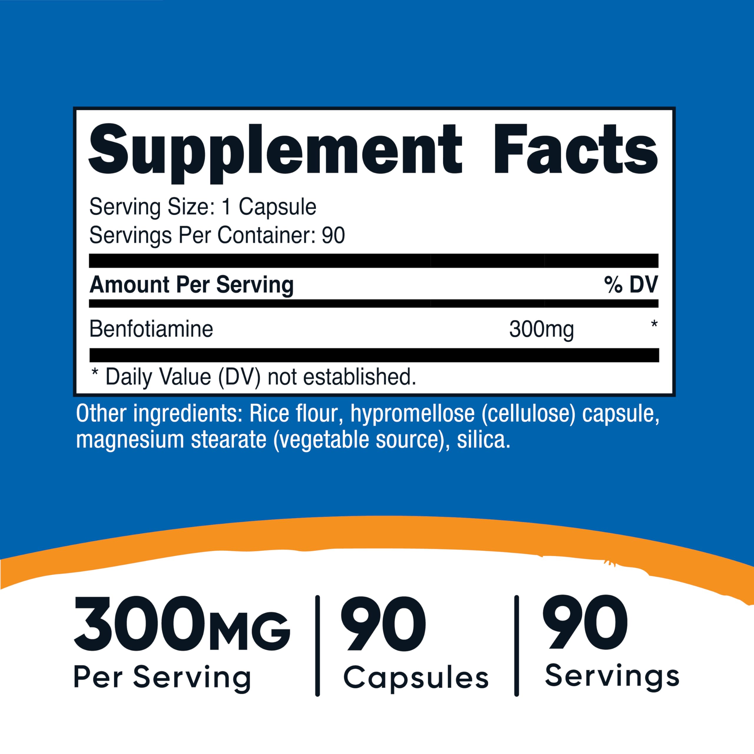 Nutricost Benfotiamine 300mg bottle label close-up shows per-capsule dosage for daily use.