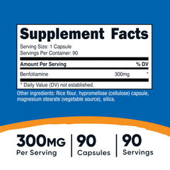 Nutricost Benfotiamine 300mg bottle label close-up shows per-capsule dosage for daily use.
