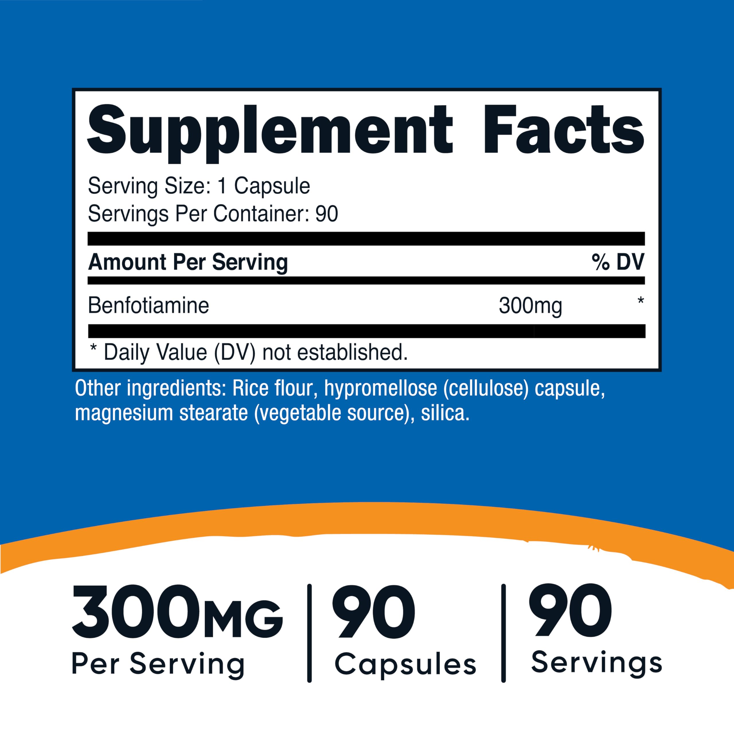 Nutricost Benfotiamine 300mg capsule close-up highlights fat-soluble, bioavailable thiamine.