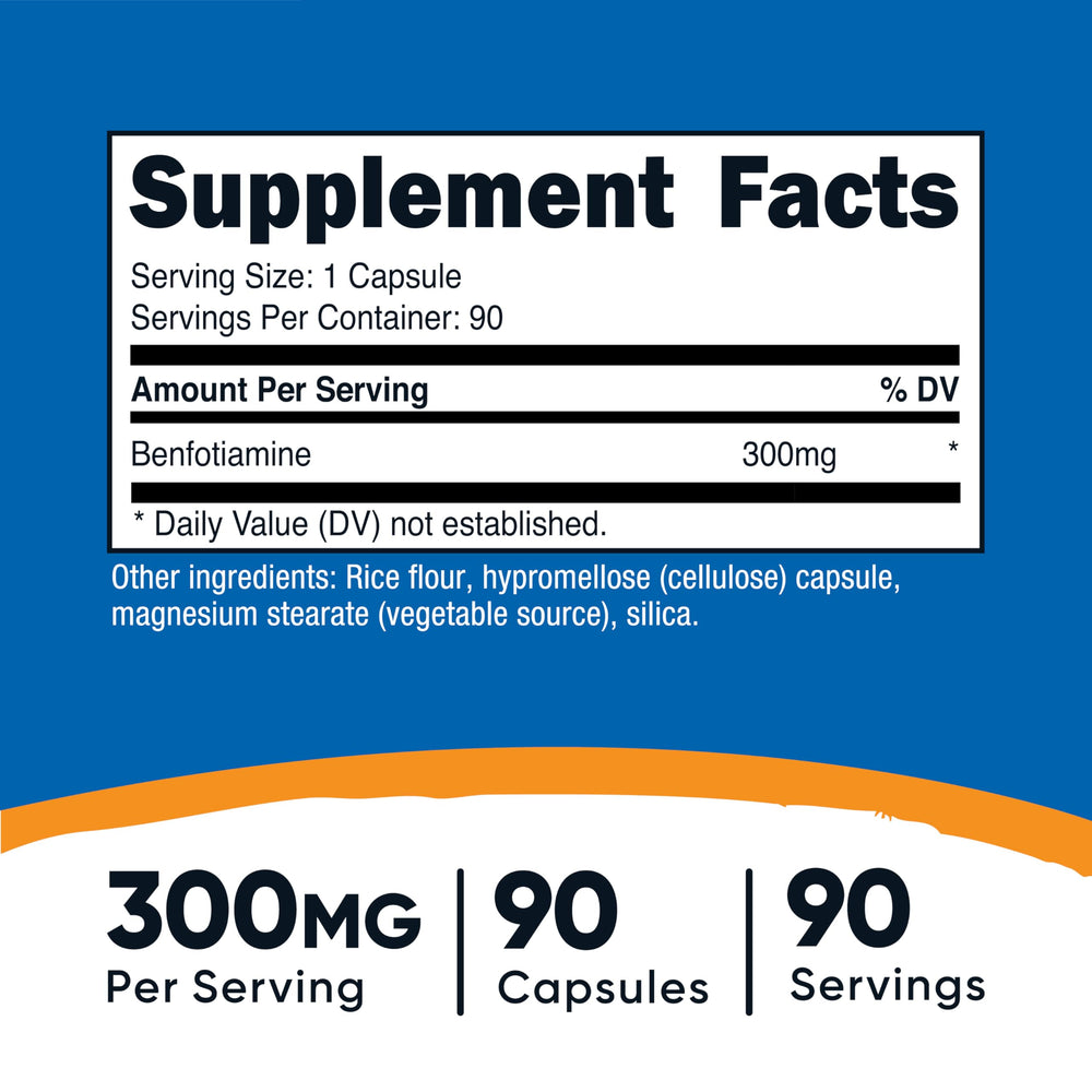 Nutricost Benfotiamine 300mg capsule close-up highlights fat-soluble, bioavailable thiamine.
