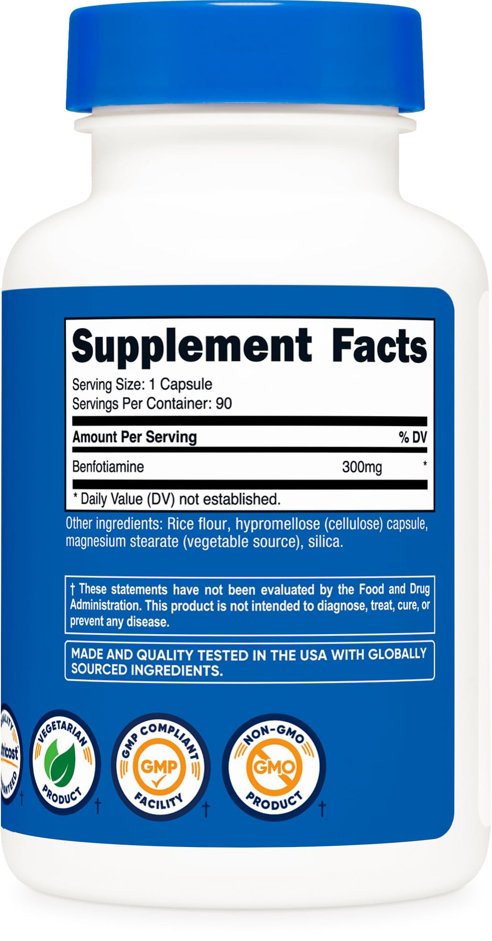 Nutricost Benfotiamine 300mg product label highlighting third-party testing.