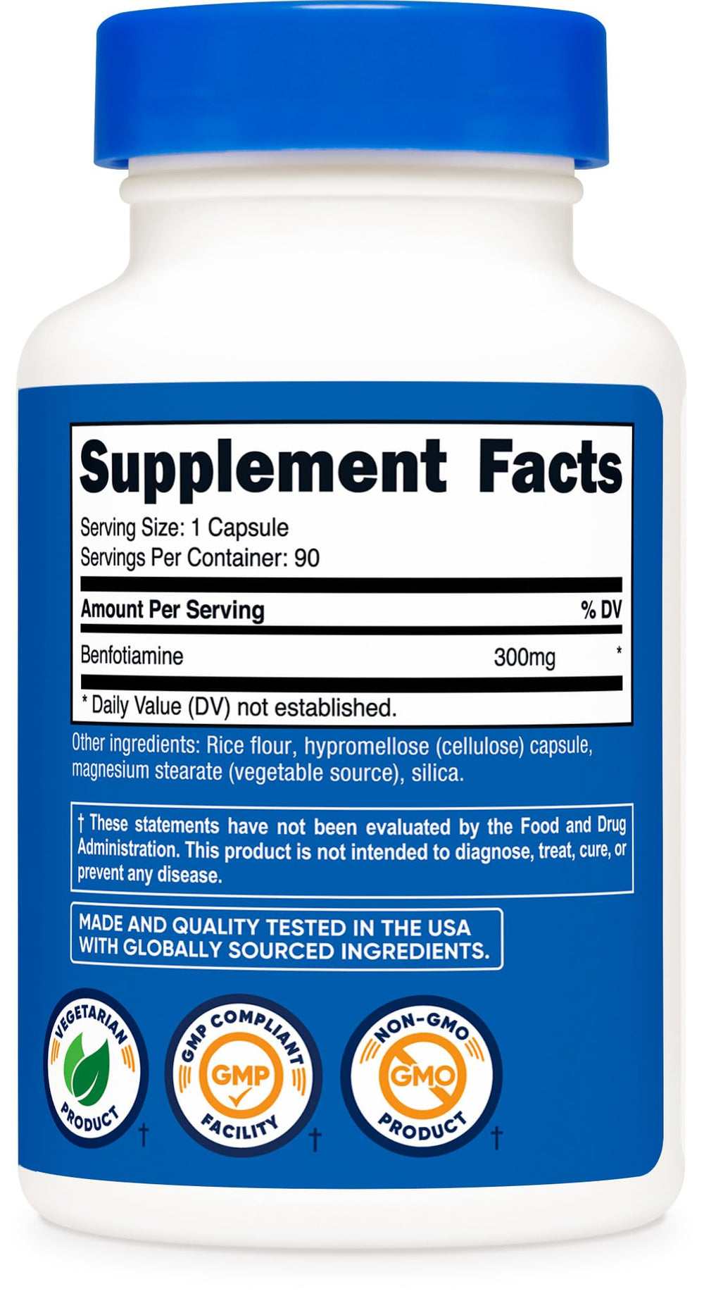 Nutricost Benfotiamine 300mg bottle label demonstrates third-party tested quality.