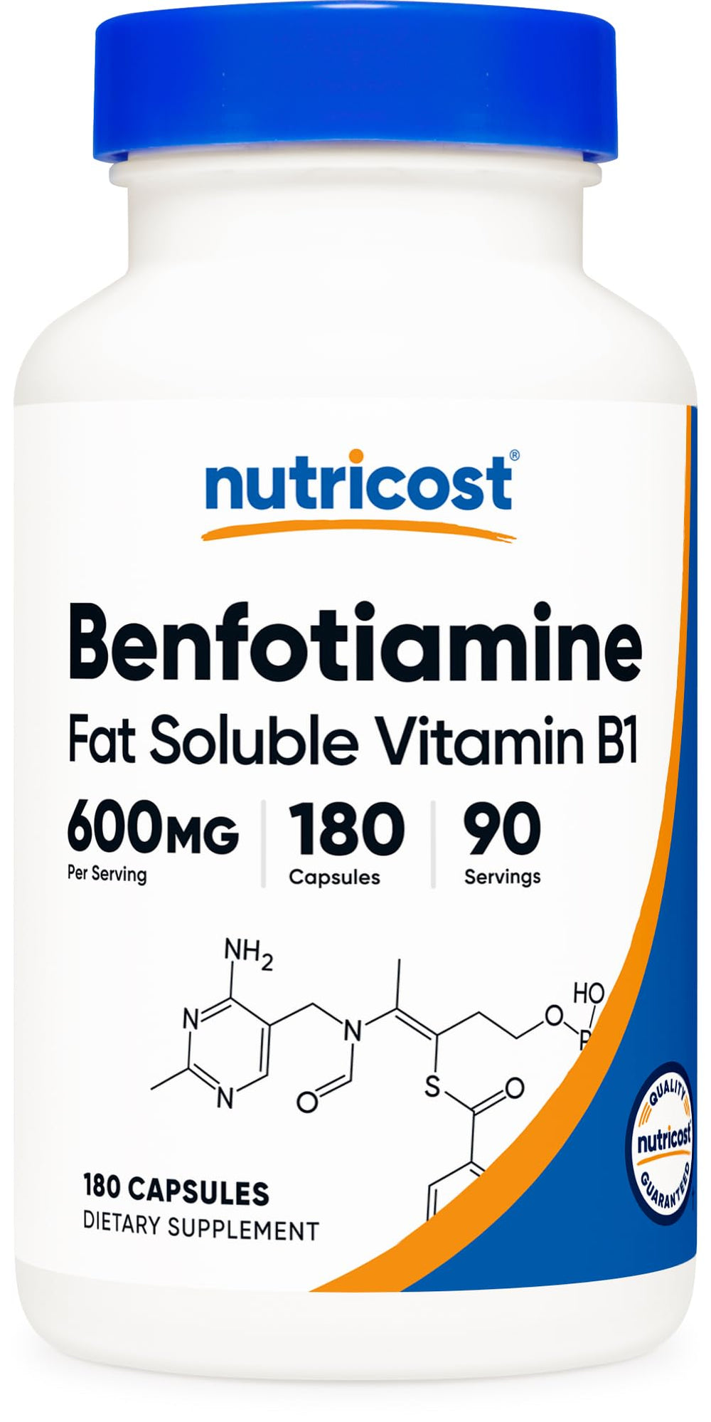 Nutricost Benfotiamine 600 mg bottle shown, vegan and gluten-free daily wellness supplement.