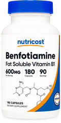 Nutricost Benfotiamine 600 mg bottle shown, vegan and gluten-free daily wellness supplement.