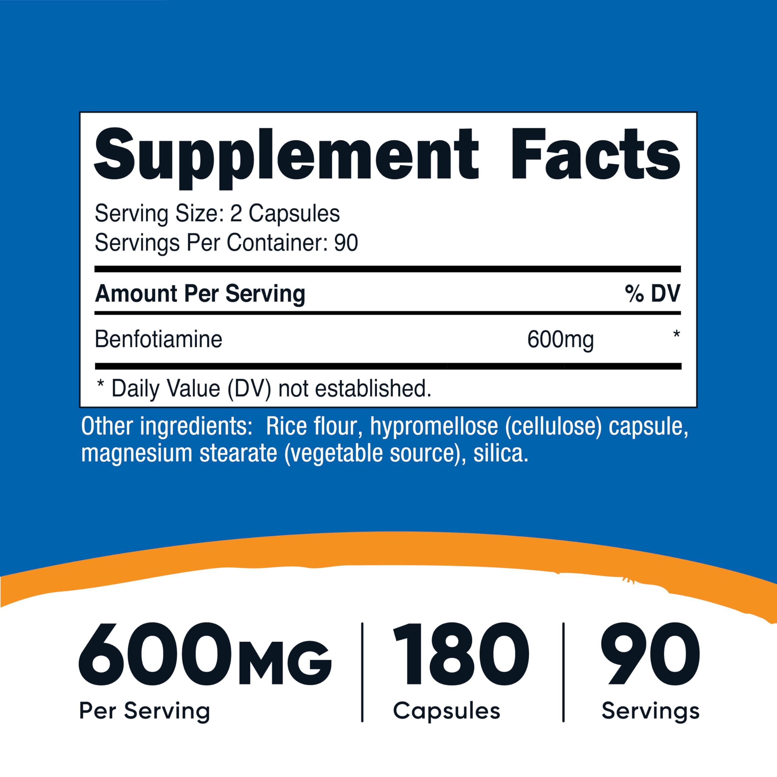 Close-up of Nutricost Benfotiamine capsules highlighting 600 mg per serving.