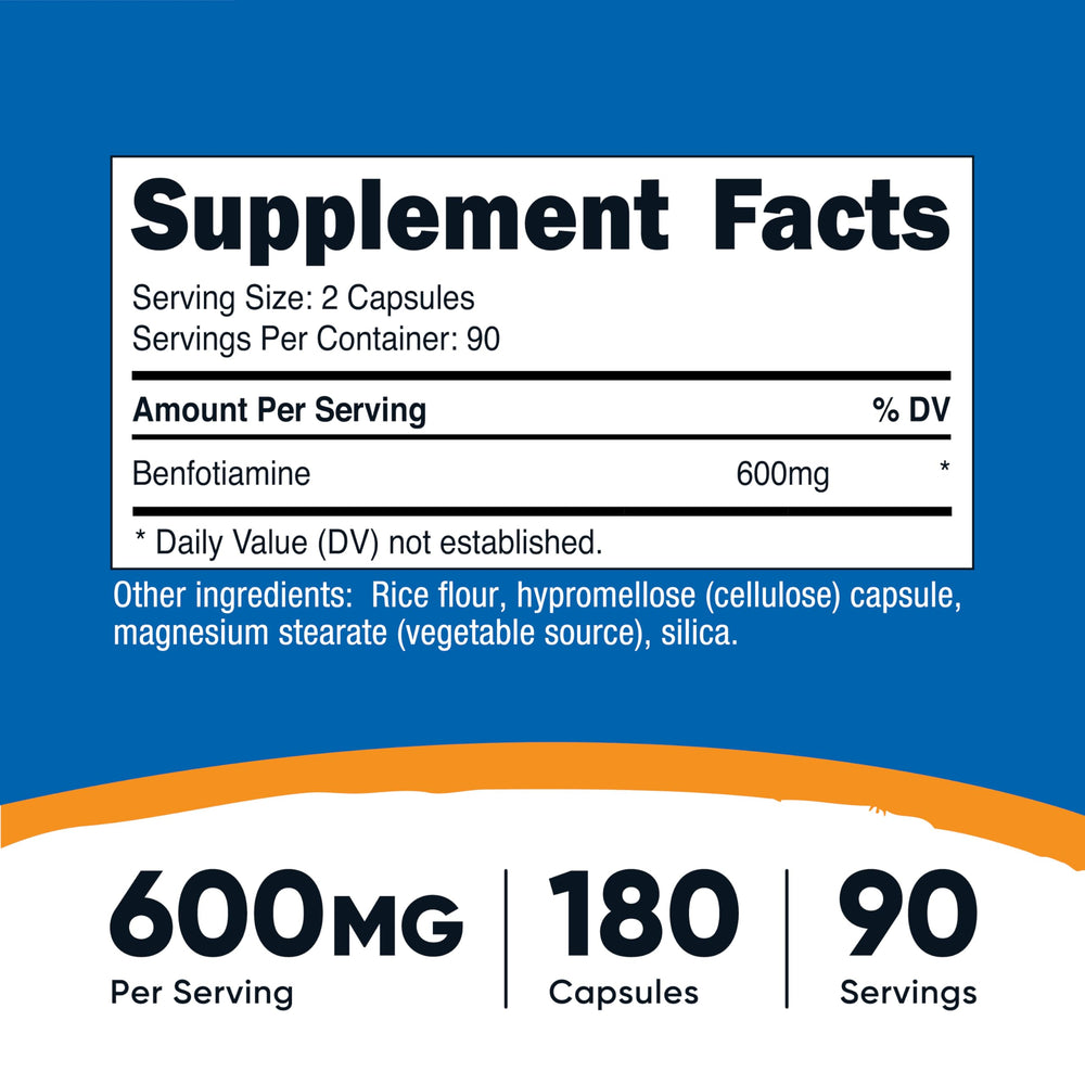 Close-up of Nutricost Benfotiamine capsules highlighting 600 mg per serving.