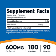 Close-up of Nutricost Benfotiamine capsules highlighting 600 mg per serving.
