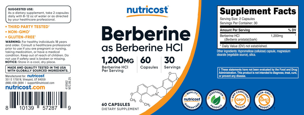 Nutricost Berberine HCl 1200mg full bottle on neutral background