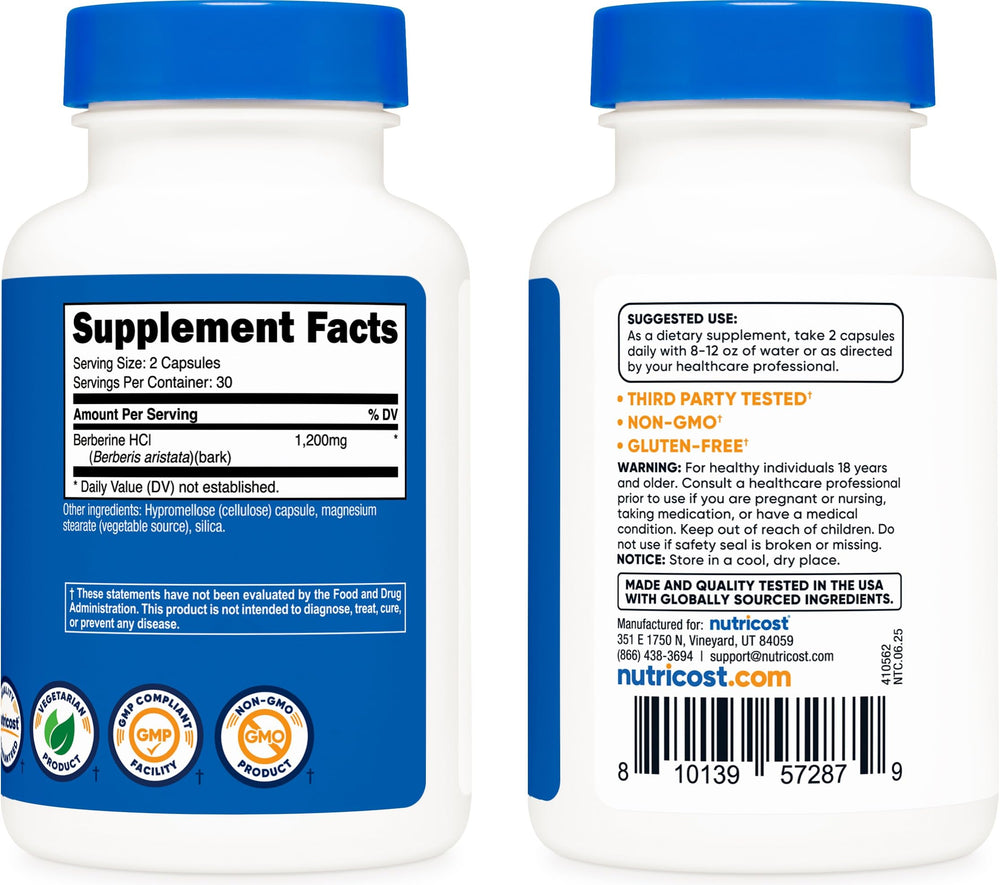 Nutricost Berberine HCl 1200mg vegan-friendly symbol on packaging