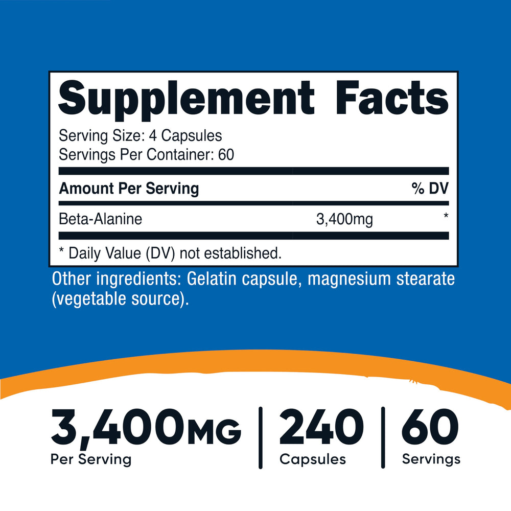 Nutricost Beta-Alanine capsules close-up showing 850 mg per capsule