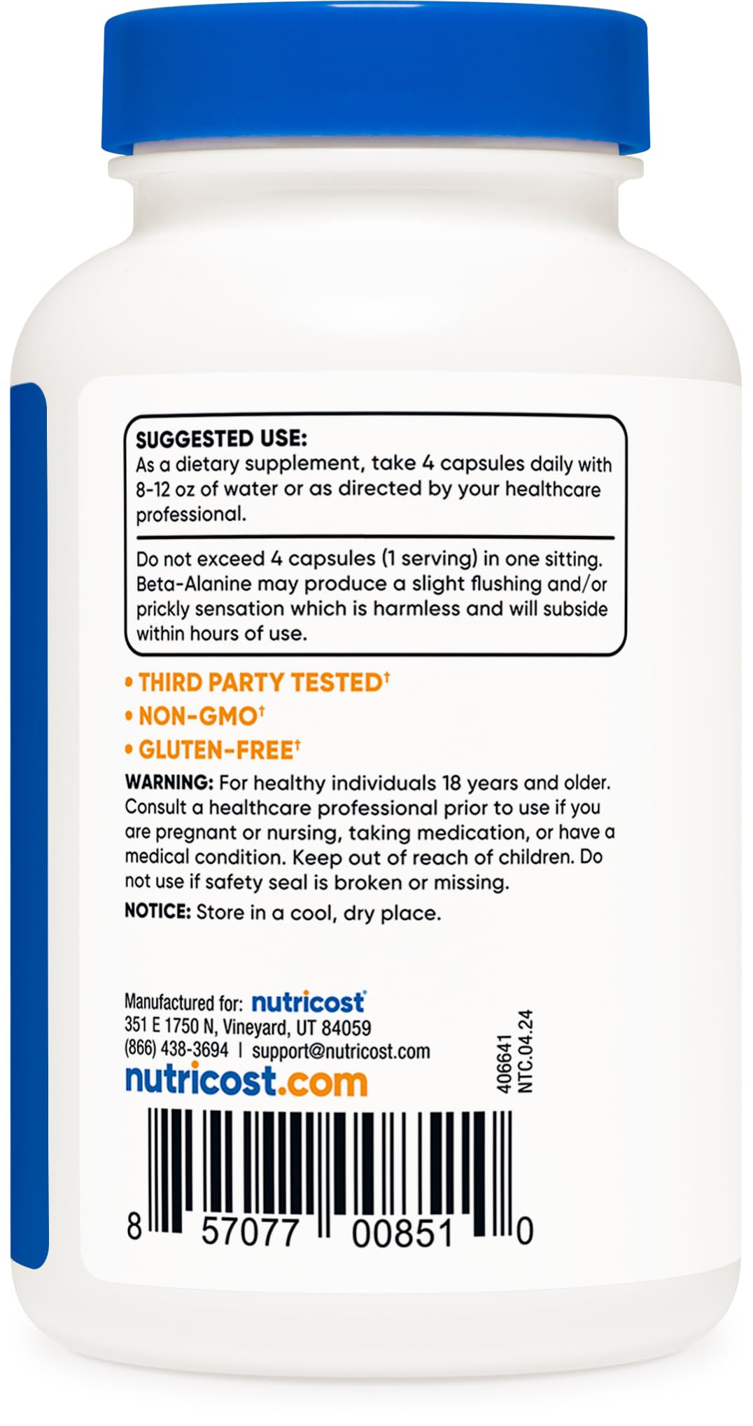 Nutricost Beta-Alanine gluten-free and non-GMO label visible on bottle.