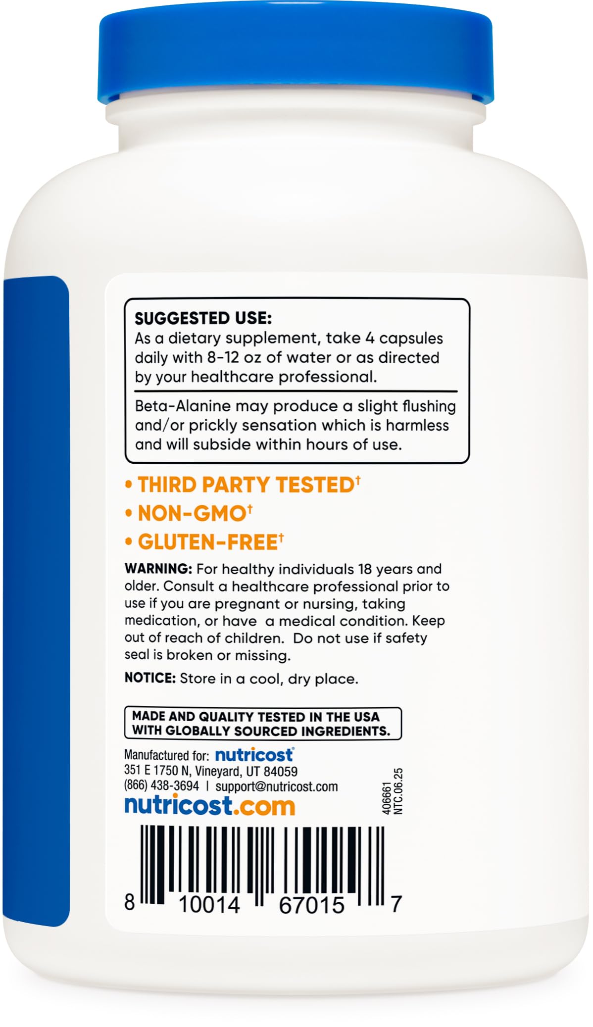 Nutricost Beta-Alanine label highlights gluten-free and non-GMO quality