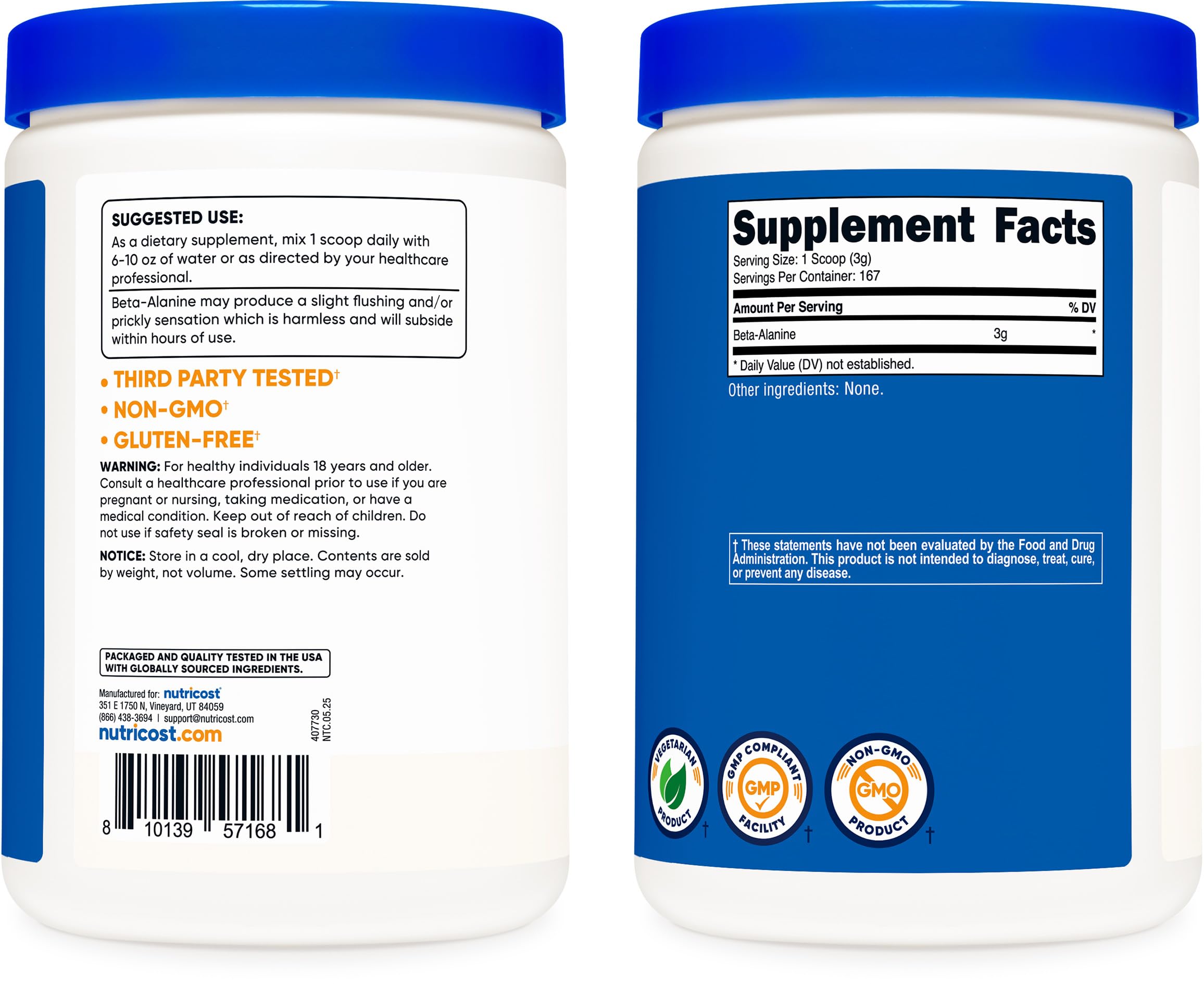 Close-up of NSF GMP FDA facility logos on Nutricost Beta Alanine packaging.
