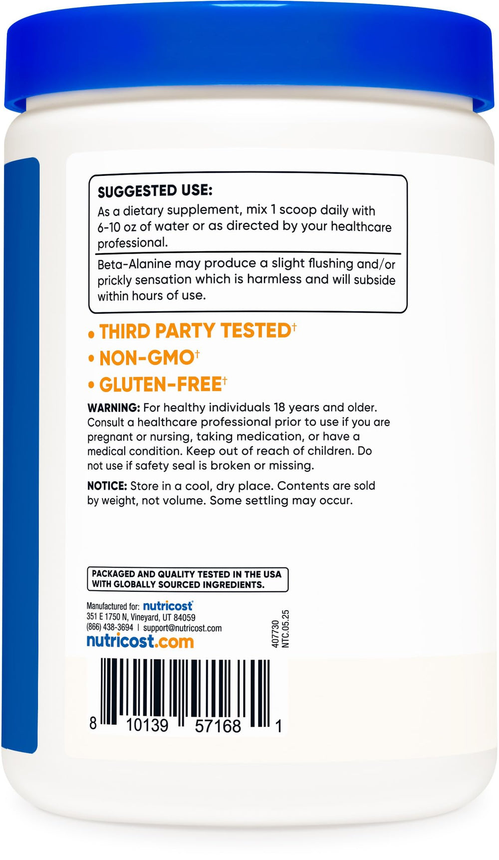 Nutricost bottle displaying gluten-free label for quality ingredients.