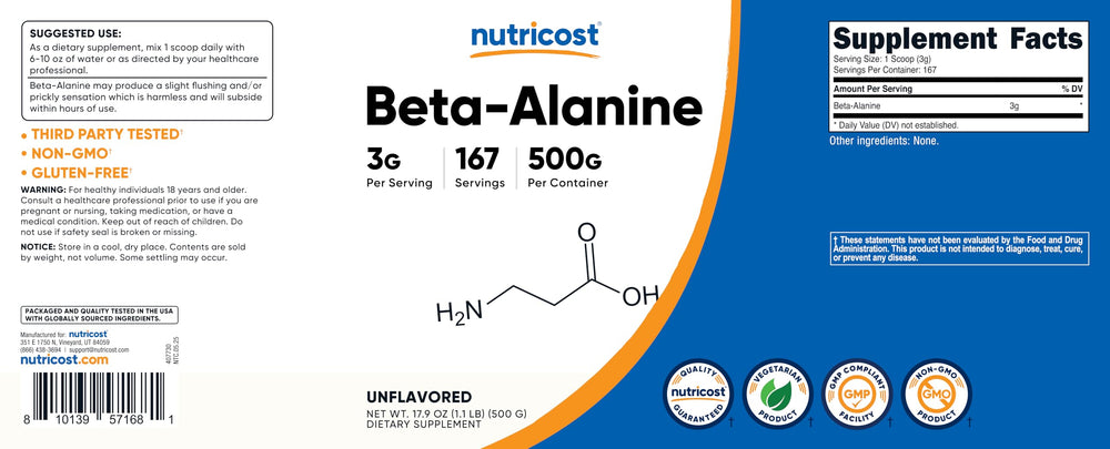 Nutricost Beta Alanine powder being poured into a shaker for easy blending.