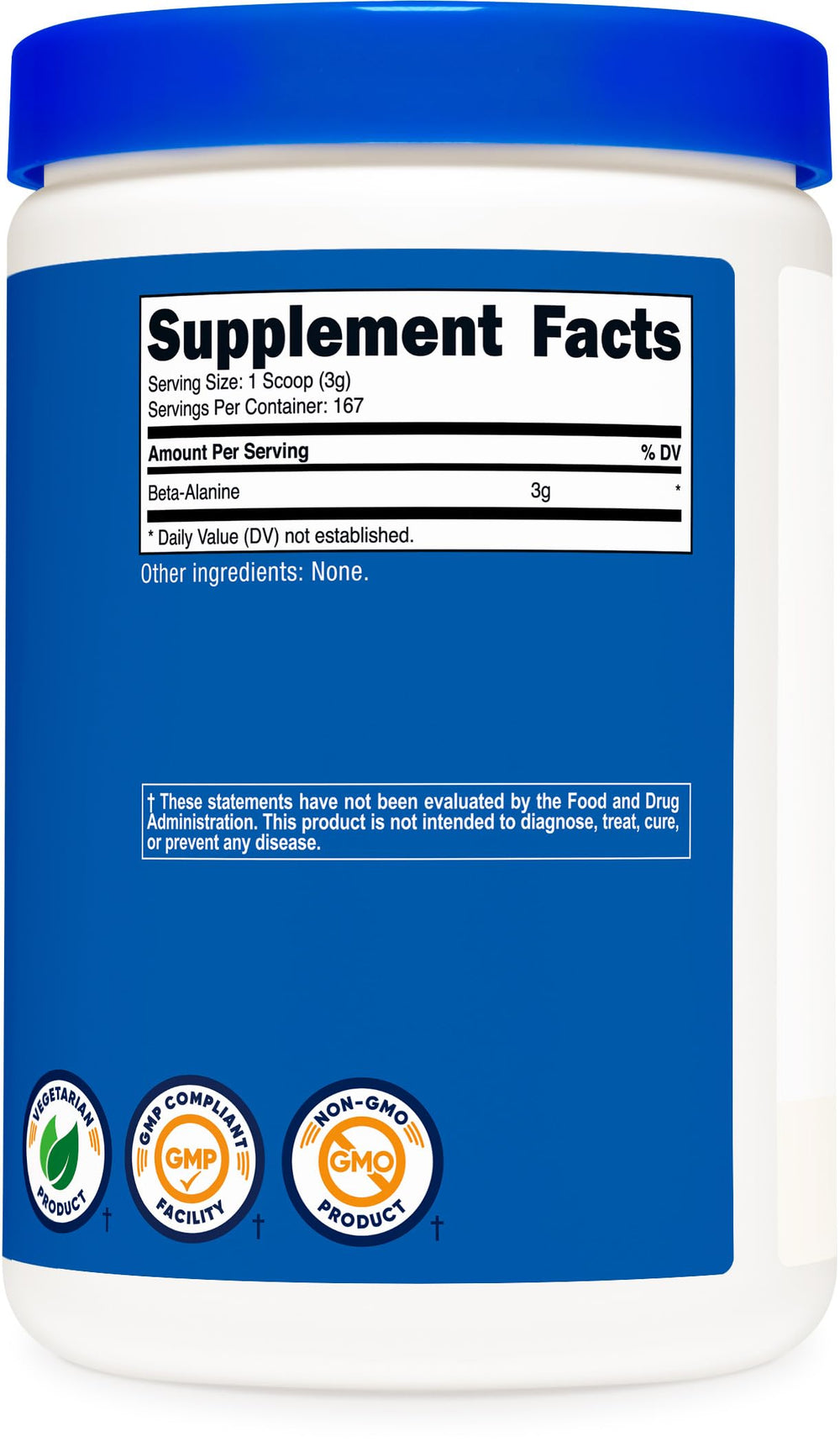Nutricost Beta Alanine bottle shows non-GMO label and clear branding.