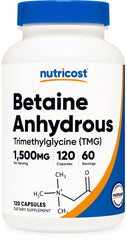 Nutricost Betaine Anhydrous bottle showings 120 capsules for 60 servings, daily wellness.