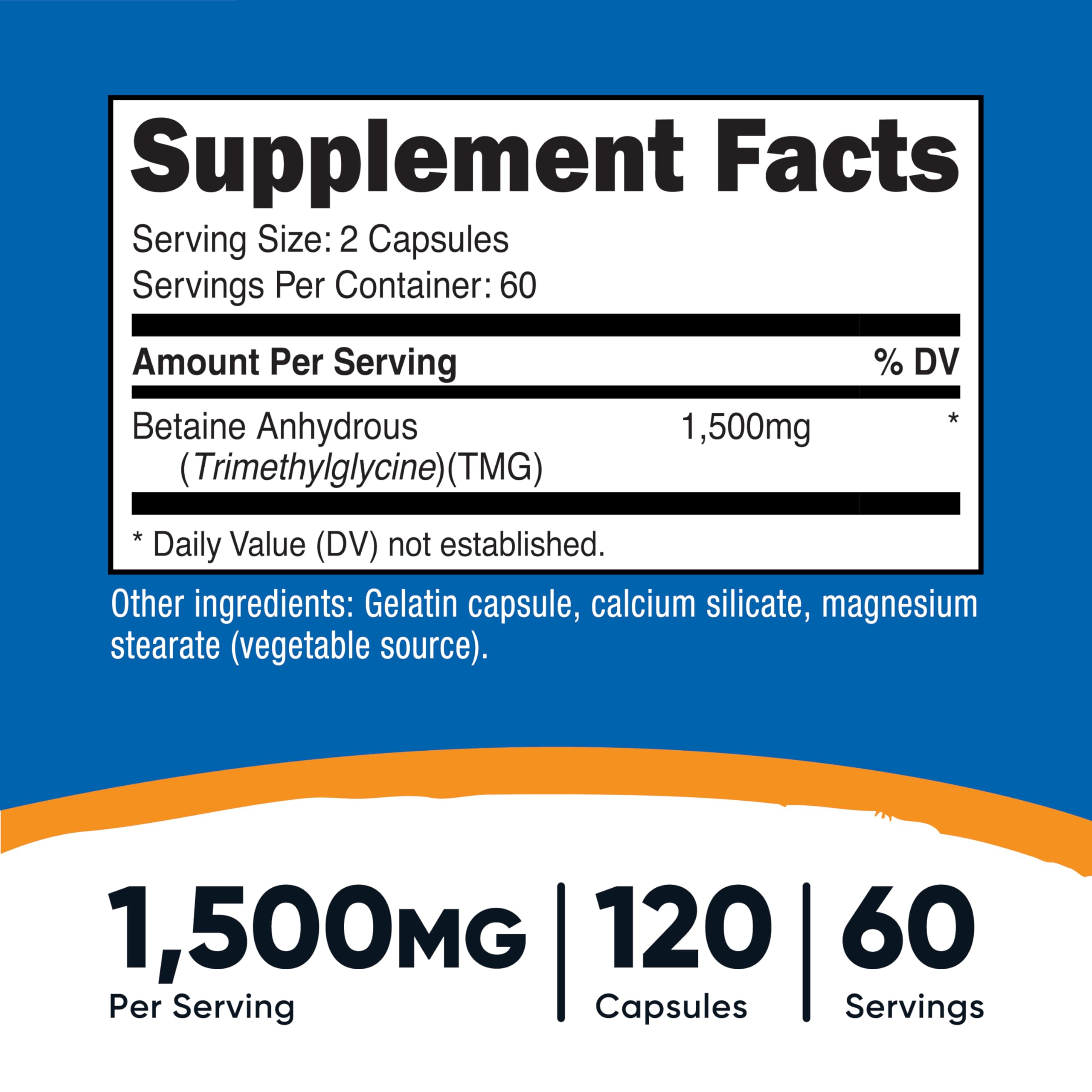 Nutricost Betaine Anhydrous capsules close-up, easy-to-swallow pills for daily use.