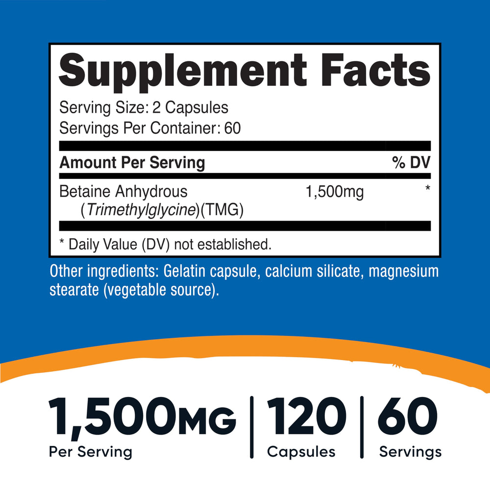 Nutricost Betaine Anhydrous capsules close-up, easy-to-swallow pills for daily use.