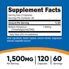 Nutricost Betaine Anhydrous capsules close-up, easy-to-swallow pills for daily use.
