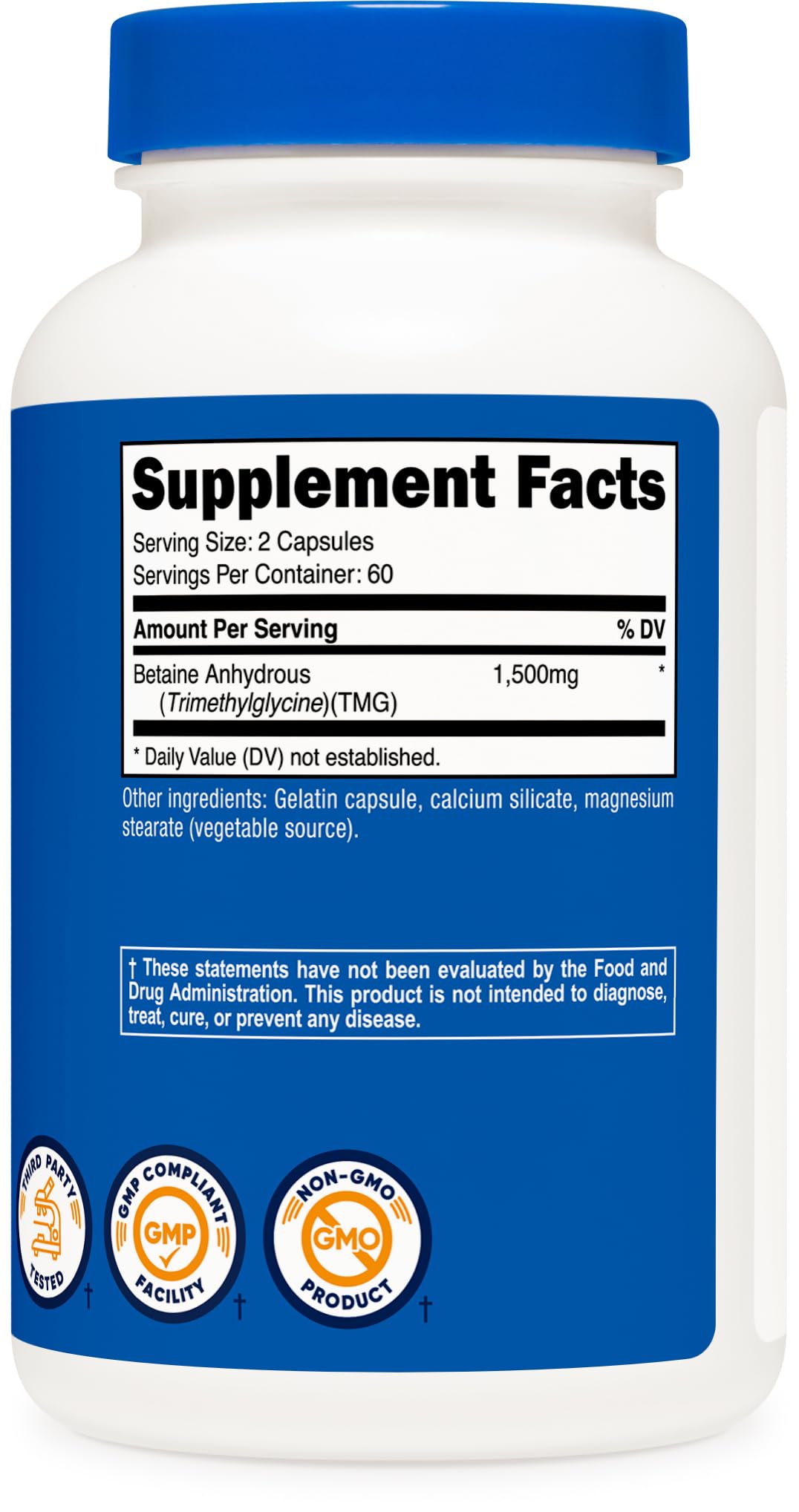Nutricost Betaine Anhydrous ISO testing badge on label.